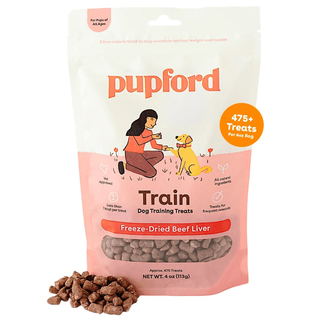 A bag of Pupford Train Dog Training Freeze-Dried Beef Liver treats, shown with a small pile of the brown kibble pieces in front on a white background.