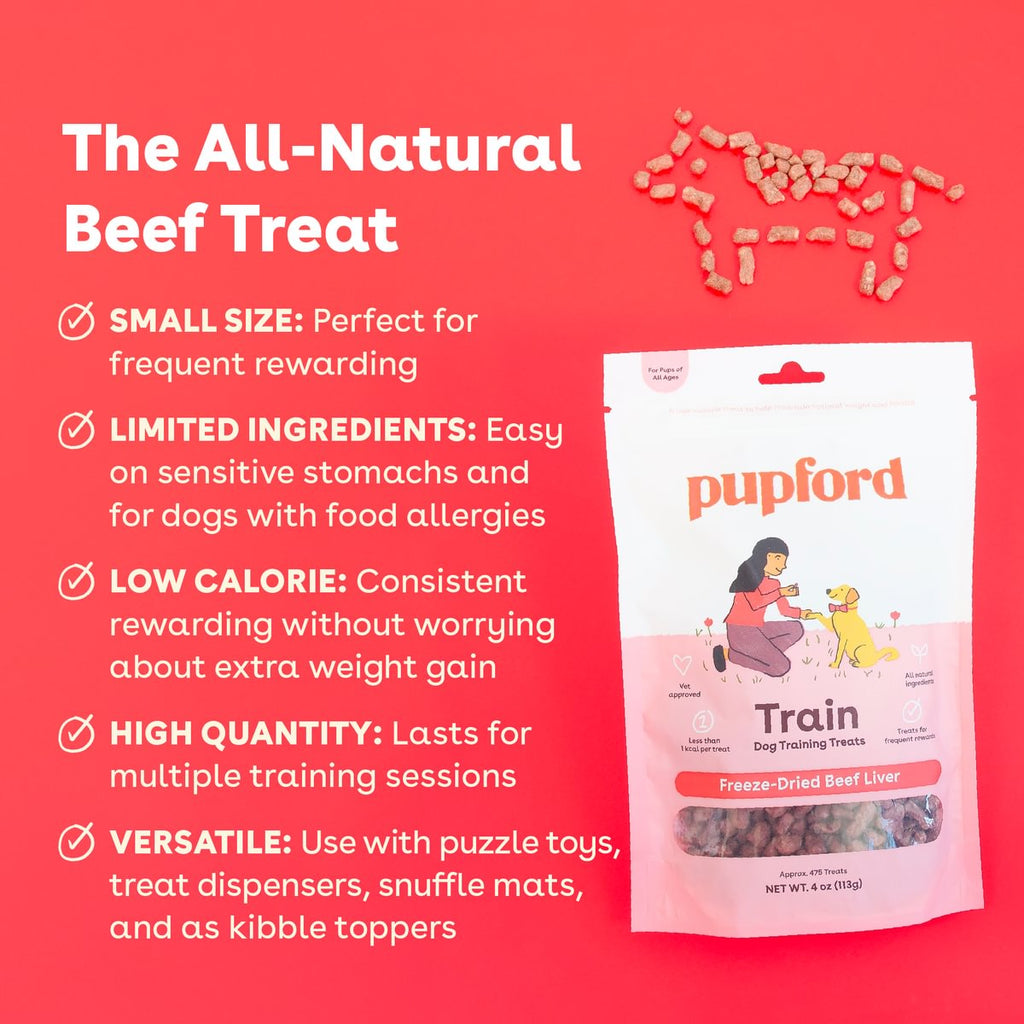 Pupford dog treat package with product details on a red background