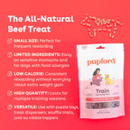 Pupford dog treat package with product details on a red background