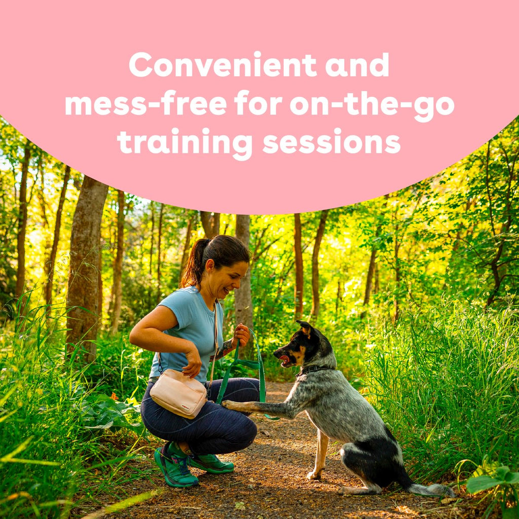 A woman crouches on a forest path interacting with a dog, with a pink text banner at the top reading 'Convenient and mess-free for on-the-go training sessions.'.