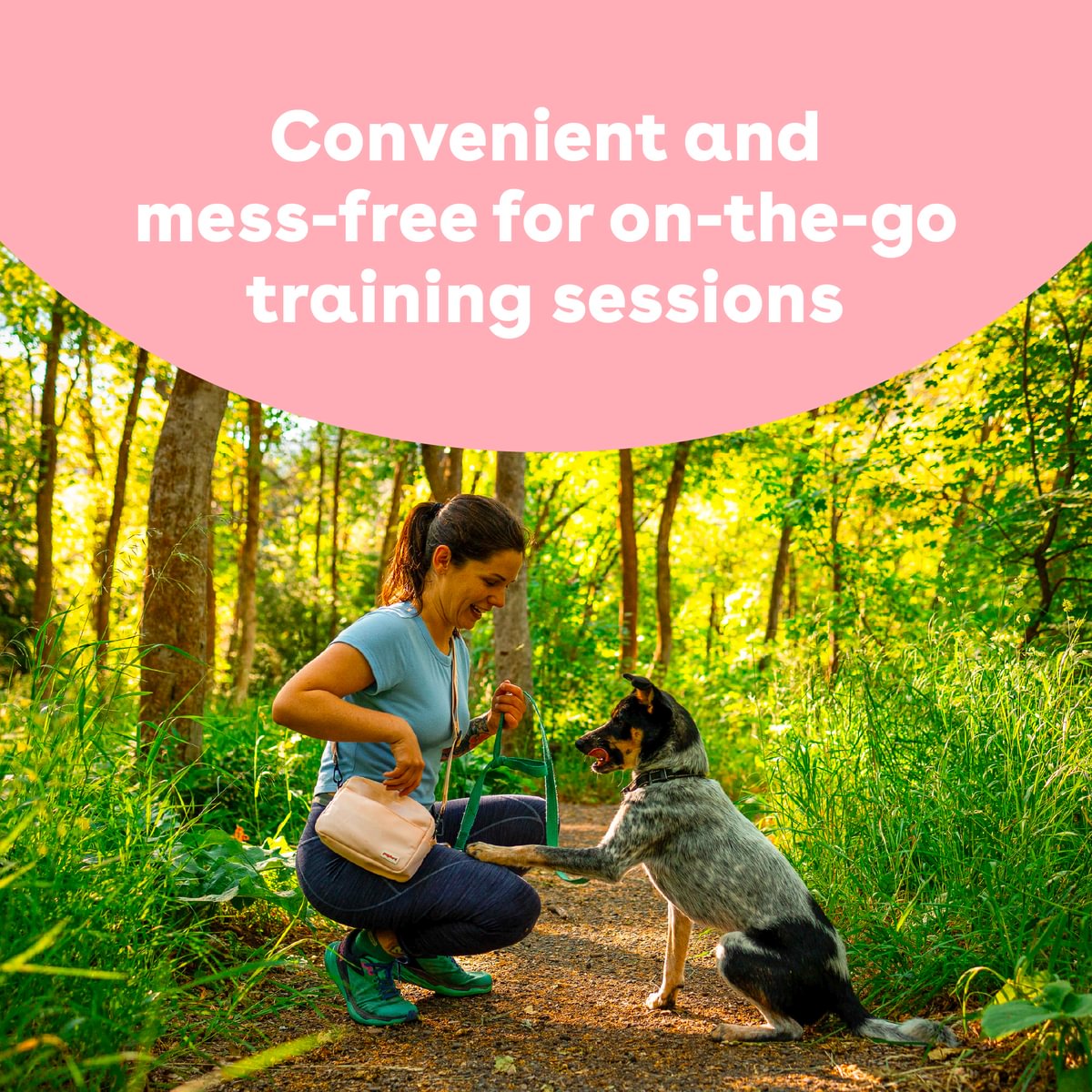 A woman crouches on a forest path interacting with a dog, with a pink text banner at the top reading 'Convenient and mess-free for on-the-go training sessions.'.