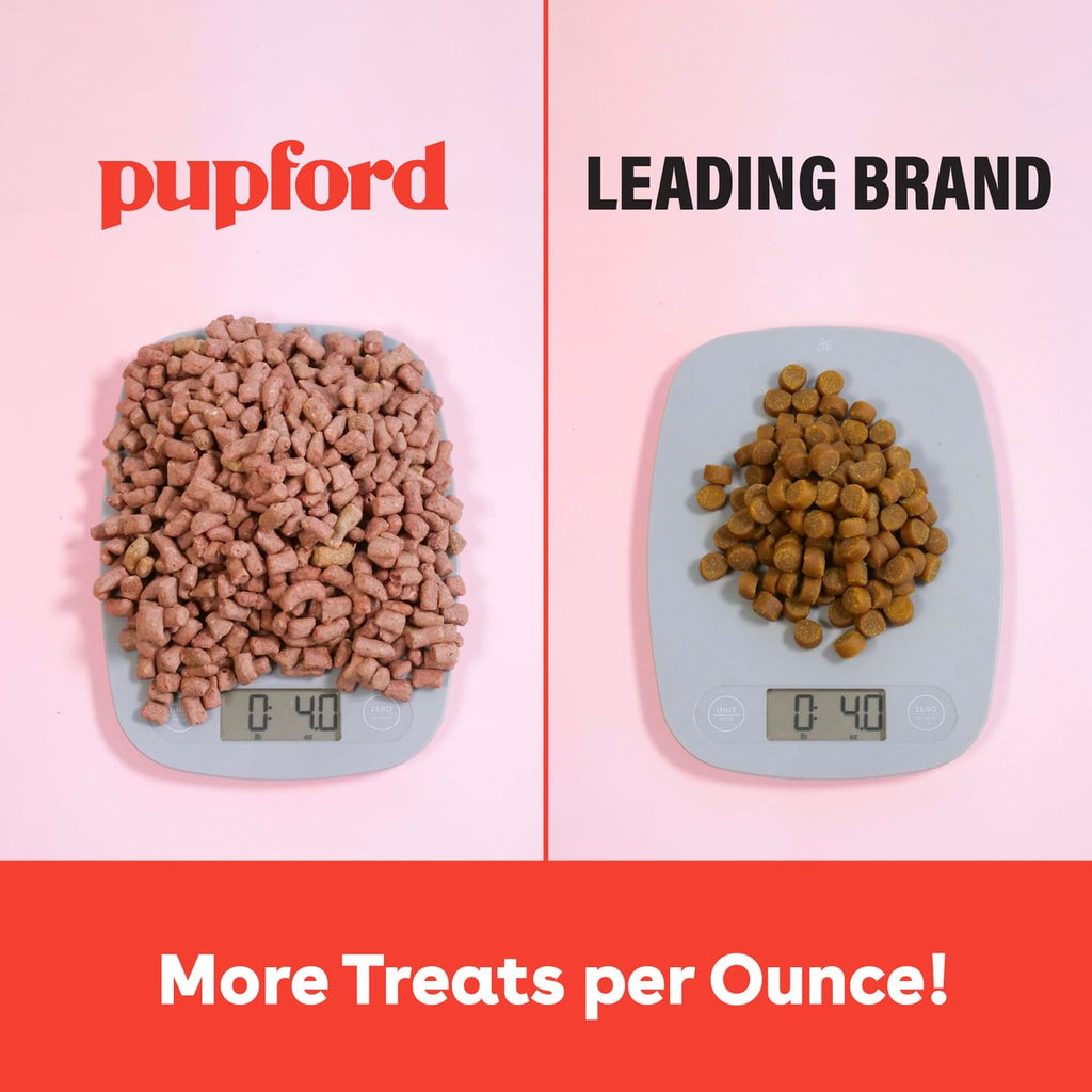A split comparison graphic for pet treats. The left side shows the red Pupford brand name above a digital scale holding pinkish-brown kibble treats, with the text 'pupford' and 'LEADING BRAND' above.