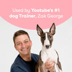 Man holding a dog with text about being used by YouTube's #1 dog trainer, Zak George.