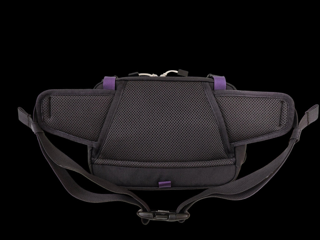 Black mesh and fabric waist bag with adjustable straps and small purple accent details, shown against a plain white background.