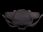 Black mesh and fabric waist bag with adjustable straps and small purple accent details, shown against a plain white background.