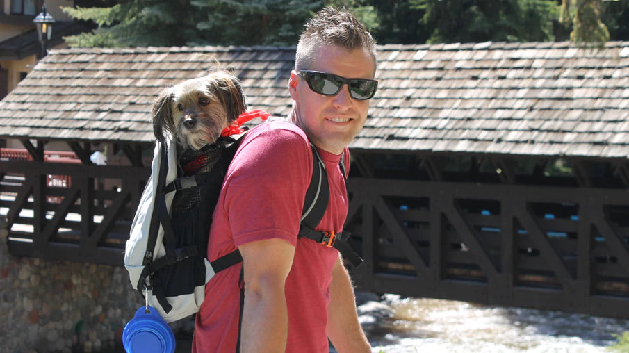K9 Sport Sack co-founder standing at a bridge with his dog
