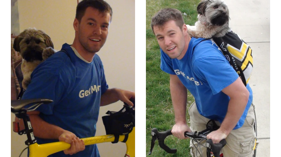 K9 Sport Sack co-founder riding a bike with his dog in a K9 Sport Sack carrier
